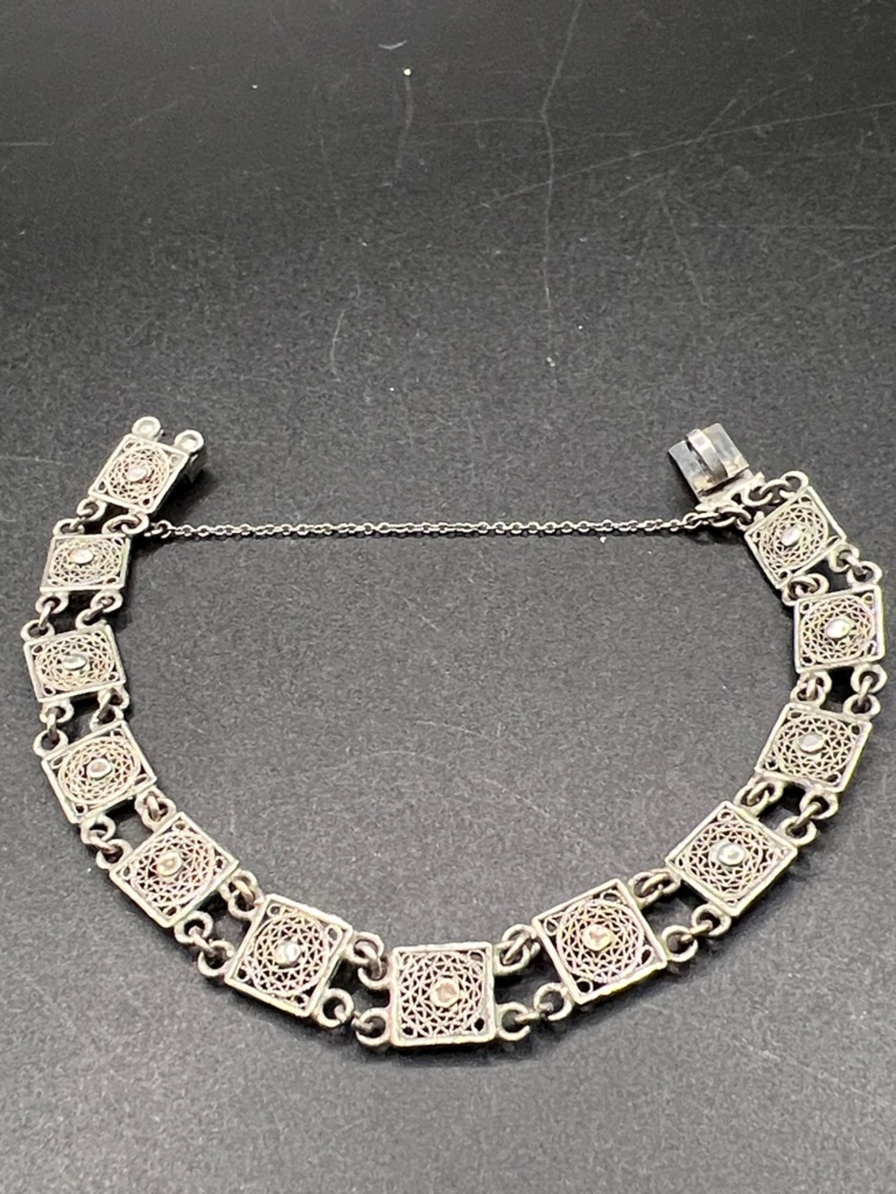 Delicate Italy Vintage Art Deco Filigree Square Link Bracelet